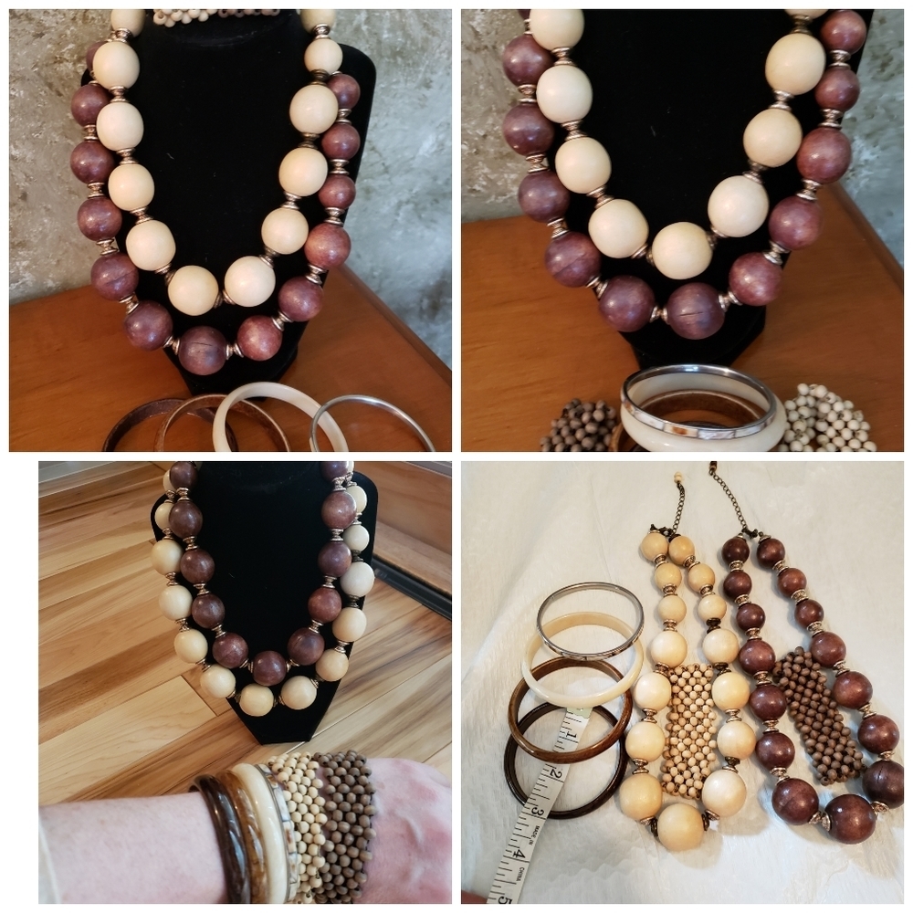 Boho Artisan Wooden Jewelry Set 2Necklaces 2 Bracelets Ivory Browns +4 Gifts New - Picture 8 of 10